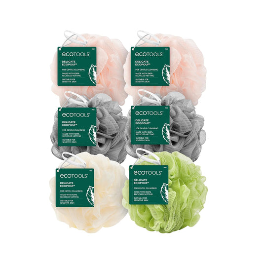 Delicate Ecopouf Bath Sponge, Made with Recycled Materials, Exfoliating Bath Pouf, Loofah for Shower & Bath, in Assorted Colors, Green, White, Pink, and Gray, Perfect for Men & Women, 6 Count