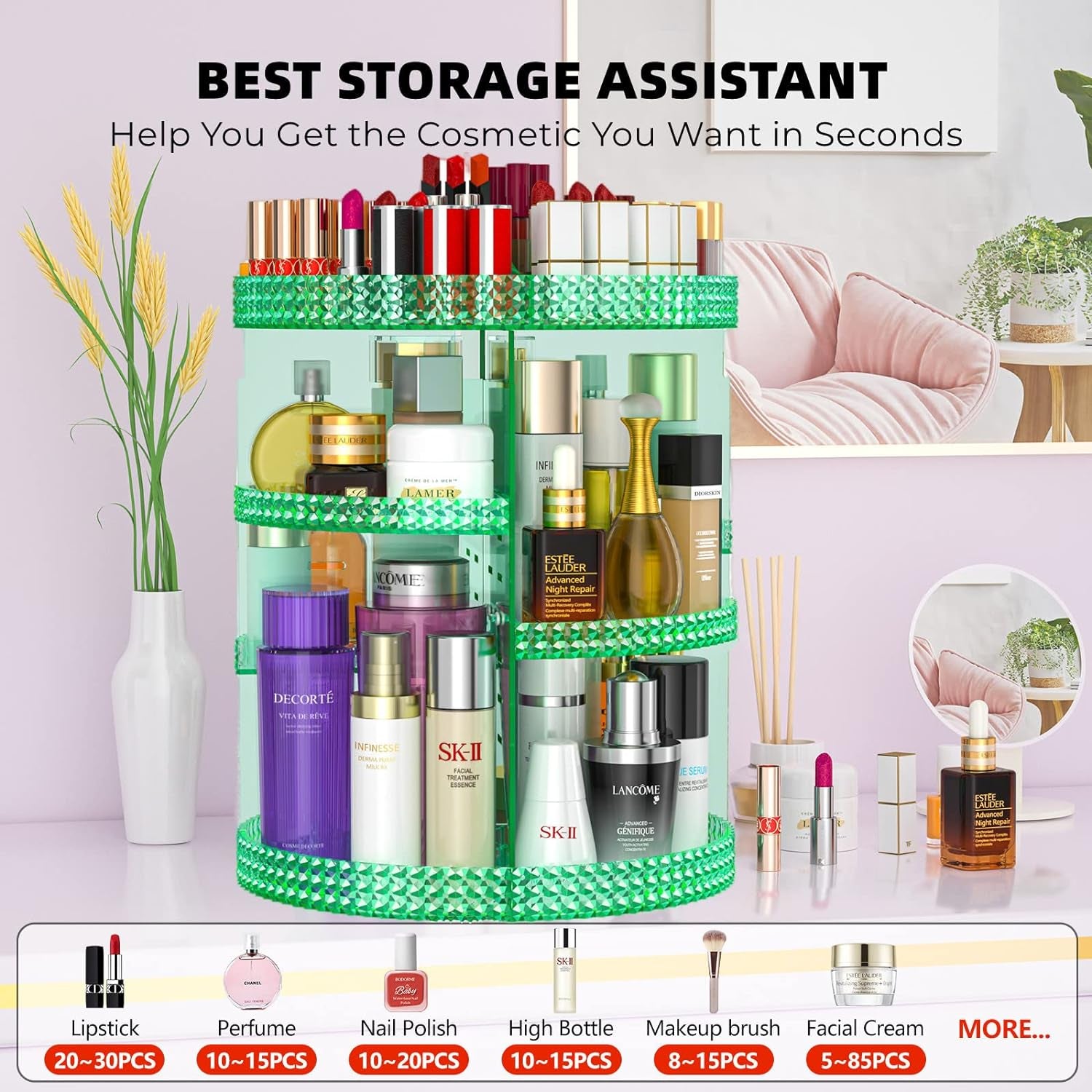 360 Degree Rotating Makeup Organizer, Extra Large Capacity Organizador De Maquillaje, Removable DIY 7 Layers Cosmetics Organizer, Acrylic Perfume Organizer for Vanity Countertop (Green)