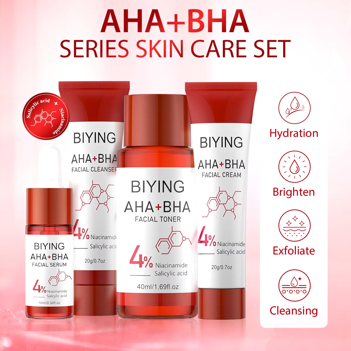 AHA+BHA Series Skin Care Set 4Pcs Facial Toner Serum Cream Foam Cleanser Beauty Essentials Korean Beauty