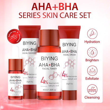 AHA+BHA Series Skin Care Set 4Pcs Facial Toner Serum Cream Foam Cleanser Beauty Essentials Korean Beauty