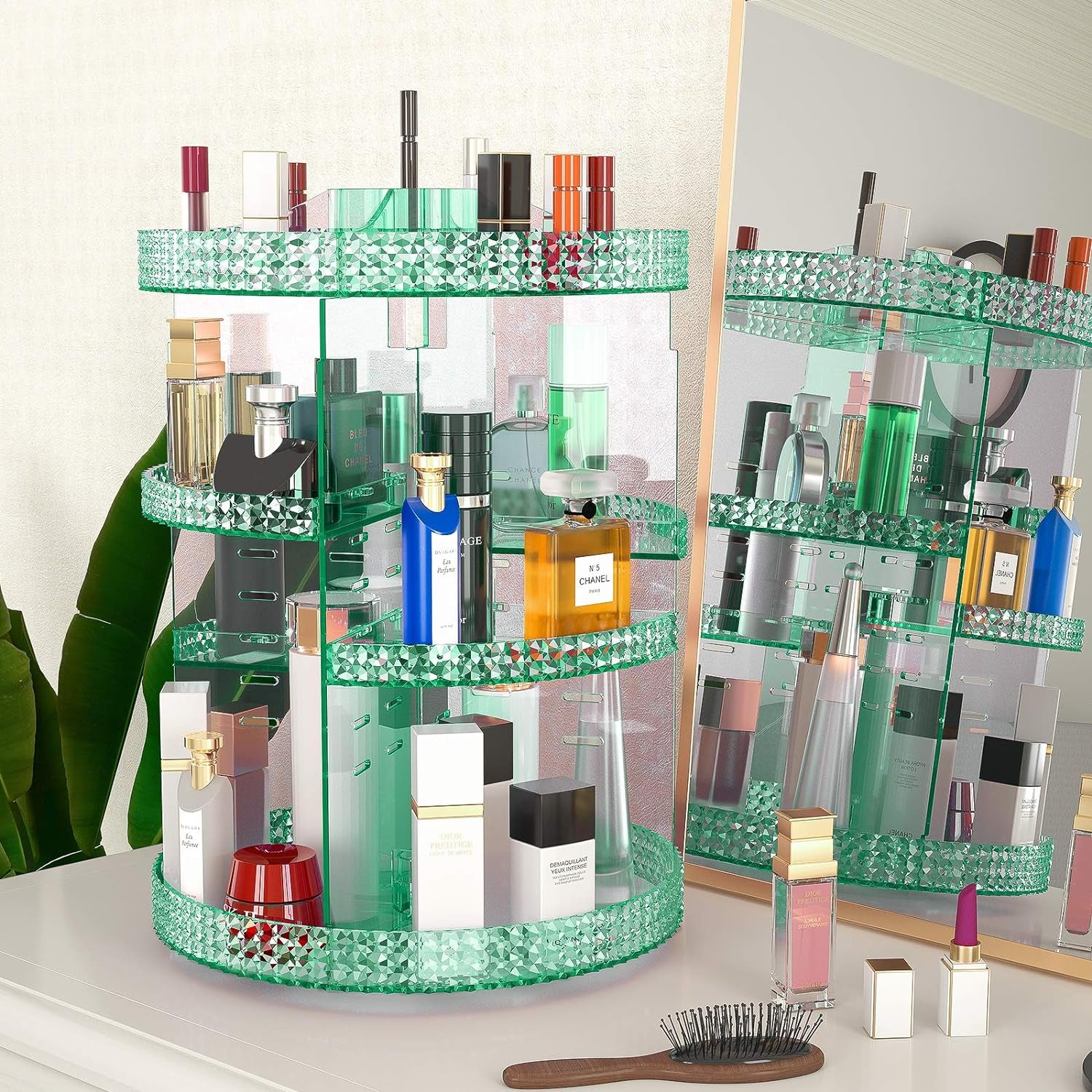 360 Degree Rotating Makeup Organizer, Extra Large Capacity Organizador De Maquillaje, Removable DIY 7 Layers Cosmetics Organizer, Acrylic Perfume Organizer for Vanity Countertop (Green)