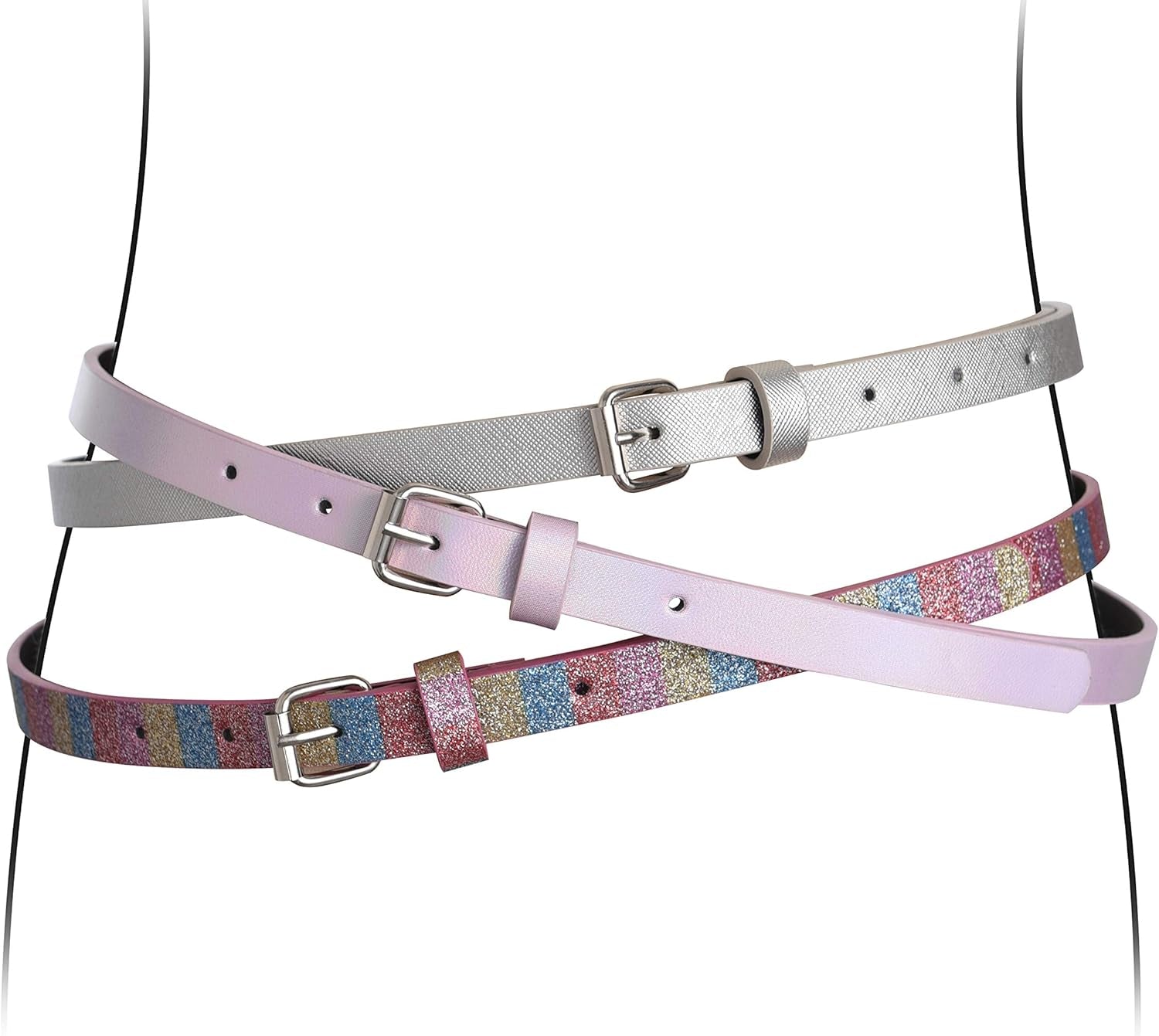 3 Pack Belts for Girls Rainbow Black Silver