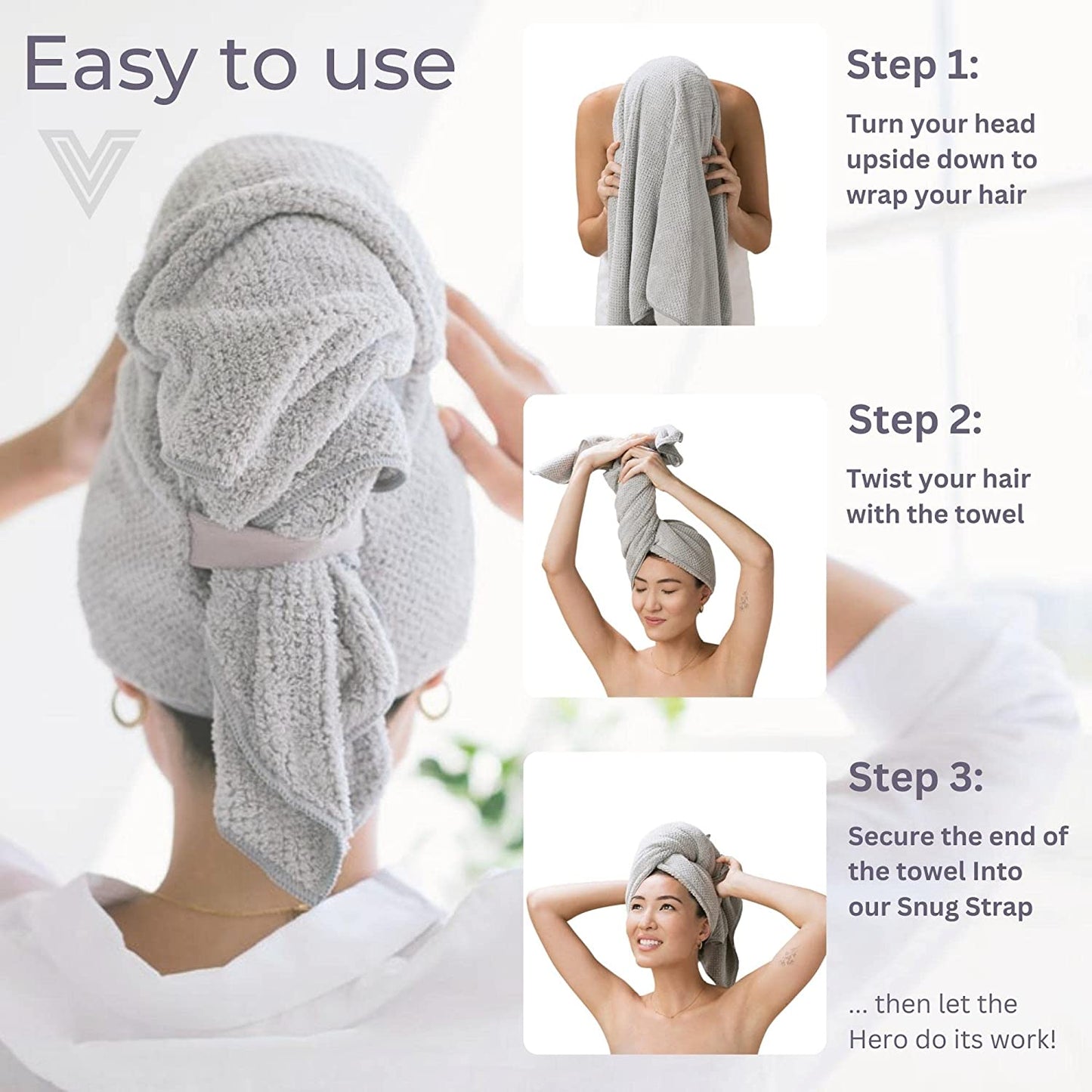 Hero Luna Gray Hair Towel - Ultra Soft, Quick Drying, anti Frizz, Large Size, USA Made