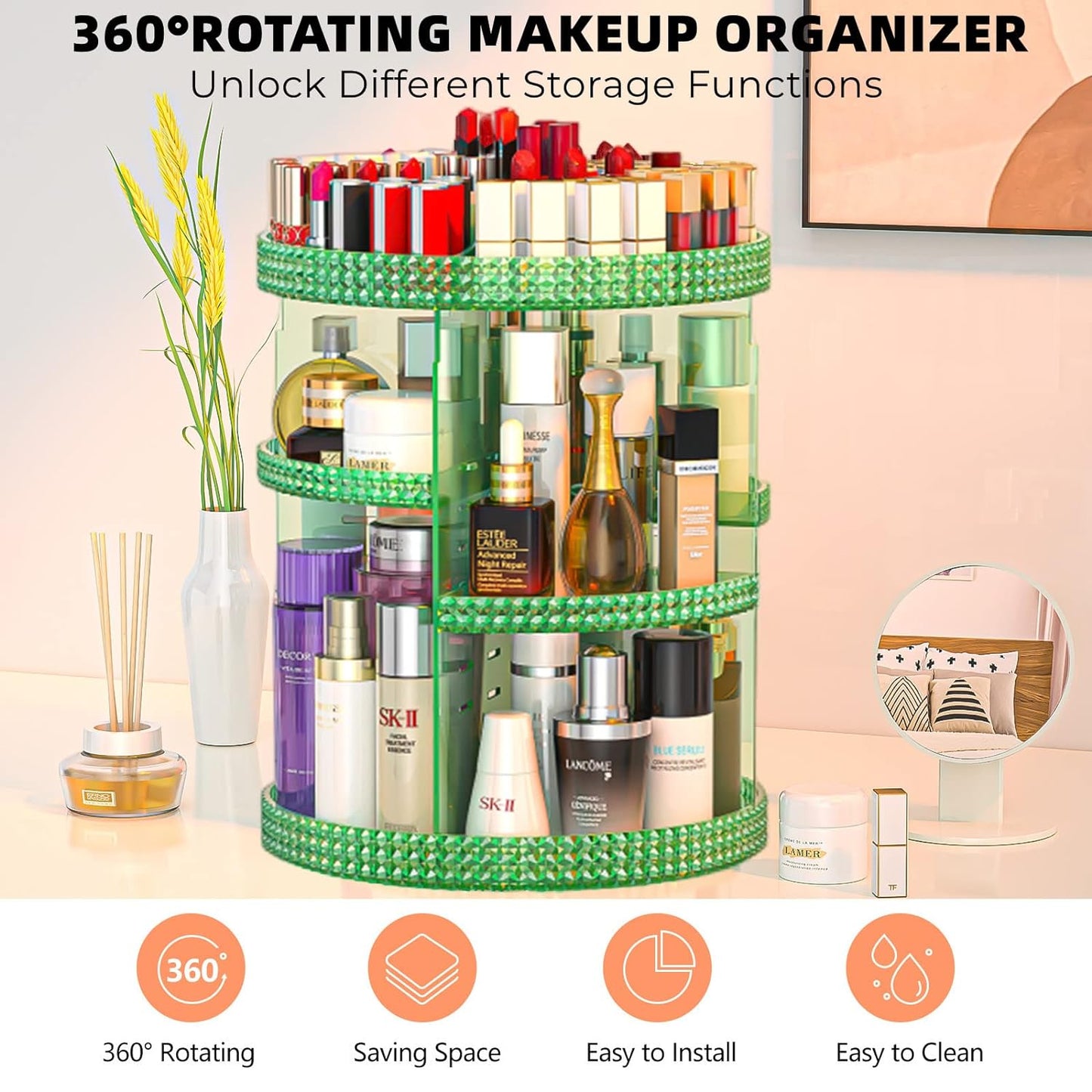 360 Degree Rotating Makeup Organizer, Extra Large Capacity Organizador De Maquillaje, Removable DIY 7 Layers Cosmetics Organizer, Acrylic Perfume Organizer for Vanity Countertop (Green)